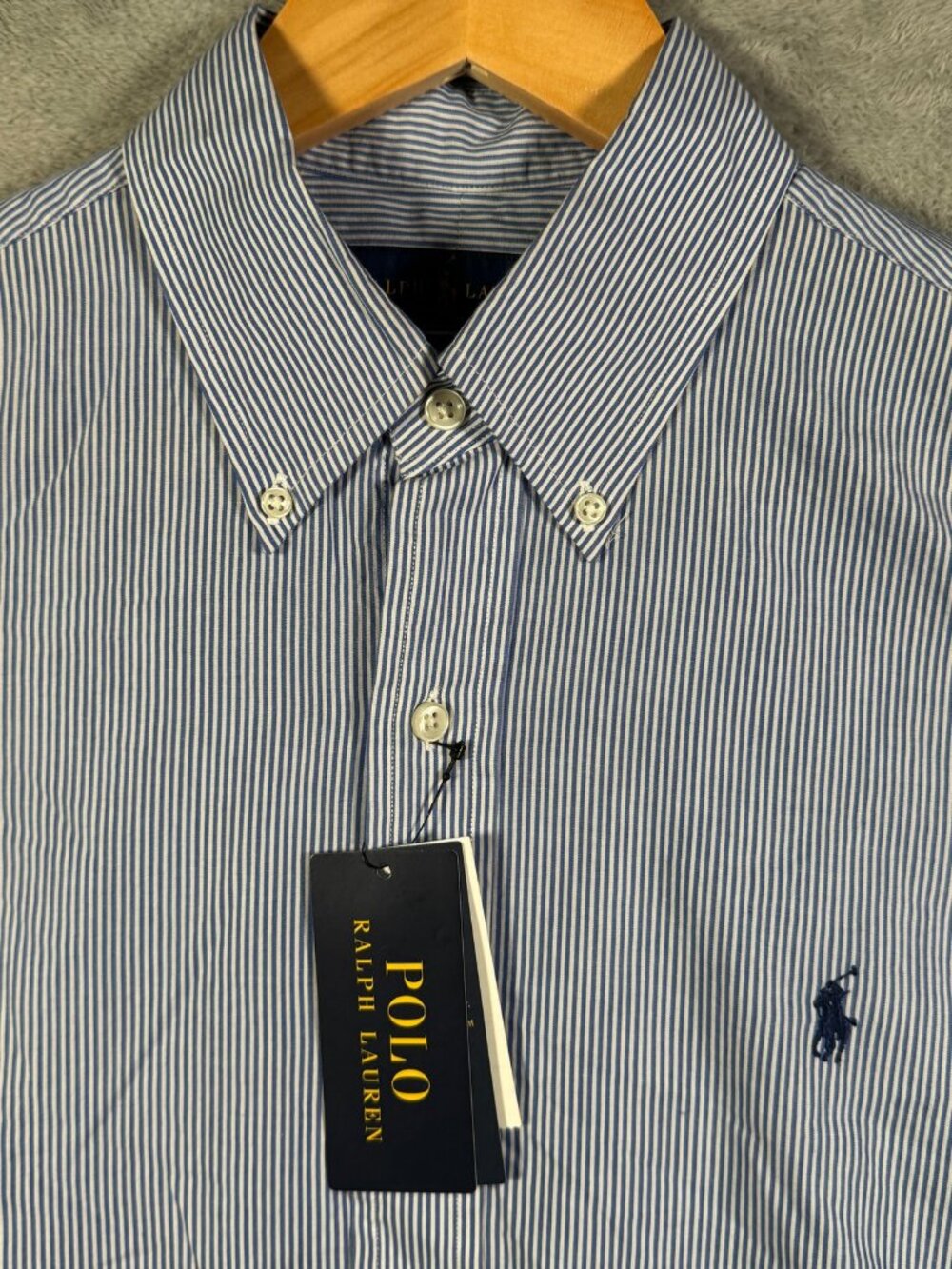 Ralph Lauren Button Down Shirt Mens L Blue Striped Cotton Stretch $130 *FLAW